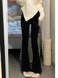 Black High-Waist Bell Bottom Pants Womens Spring New plus Size Pear Shape Body Slimming Elastic Fitting Horse Hoof Pants