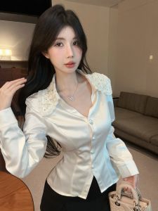 GUZILIAN | Elegant Lace Collar Silk Shirt Womens Spring Fashion Slimming Waist Design Unique Beautiful Top Korean Style Commute Wear
