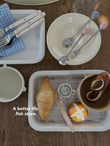 Korean Style Long Rectangle Ceramic Baking Tray Dining Plate Side Dish Draining Dish Cooking Plate Breakfast Plate Tray