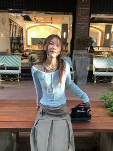 Princess Wendys Guard Pasted Fake Two-Piece Womens Early Autumn Long Sleeve T-Shirt Pure Color Commute Style round Neck Loose Fit