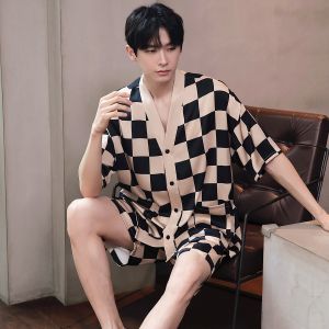 Couples Summer Sleepwear Ice Silk Short Sleeve Home Clothes Womens Style V-neck Button Decoration Lightweight Polyester Blend