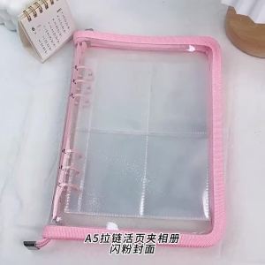 Transparent Loose Leaf Notebook Folder Clear Glitter 6 Ring A5 Binder With Zipper For Journaling Kpop Photocard Album Storage