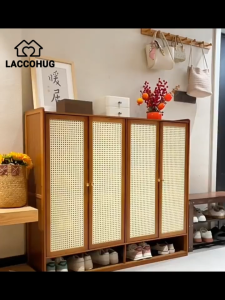 Bamboo Shoe Cabinet With Rattan Door 6/7/8Layers Shoes Cabinet Organizer Breathable Door Large Capacity