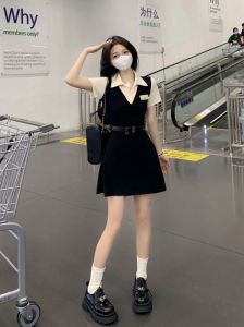 Elegant Waist-Cinching Polo Collar Dress Womens Summer New Design A-Line Skirt Sweet Style mid Waist Polyester Fabric Long Sleeve Midi Dress