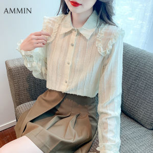 AMMIN 2023 Autumn new simple lapel fashion Sweet ruffled single breasted commuter chiffon shirt Womens Korean style puffy sleeve fashion stripe texture elegant blouse