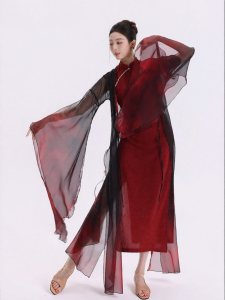FULLBELIEF | Áo Dài Thực Hành Biểu Diễn Chiffon Đen Cổ Tréo