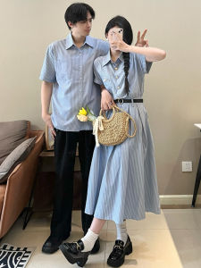 Couple Matching Summer 2025 New Style Small Stripe Short Sleeve Womens Dress French Style One Skirt One Shirt Trendy