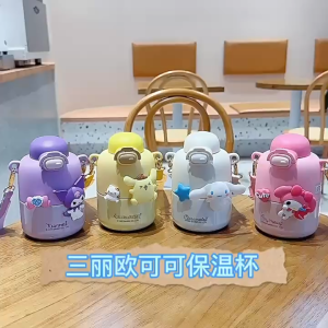 [Local Seller] 430ML Sanrio My Melody Kuromi Cinnamoroll Kawaii Insulation Water Bottle Cup Thermos Thermal Flask Big Belly Cup with Straw and Strap