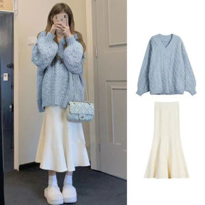 Lazy Style Vintage V-neck Twisted Knit Sweater Fish-tail Mini Skirt Two-piece Set Women Autumn Winter Outerwear College Style