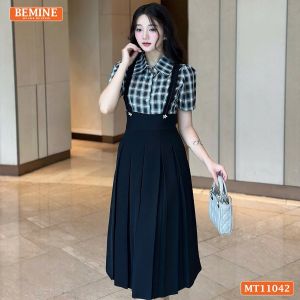 Đầm thiết kế BEMINE cổ đức phối caro viền bèo dáng chữ A phù hợp đi làm-MT11042