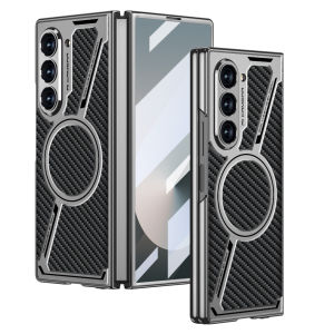เคส Zfold6 Samsung Galaxy Z พับได้6 Fold6พร้อมกระจกเทมเปอร์เคสกันกระแทกขาตั้งเคสมือถือชุบโลหะบางเฉียบหรูหราสำหรับ Samsung Galaxy Z Fold 6 5G ZFold6 Fold6 Fold6 ZFold6รูปแบบคาร์บอนไฟเบอร์ฝาครอบป้องกัน