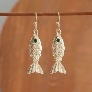Bohemian-style Small Fish-shaped Earrings with Artificial Gemstones as Accents Suitable for Ladies Cocktail Party or Date Wear