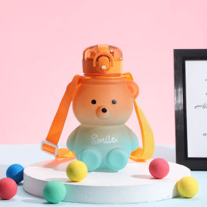 800ml Cute Straw Water Bottle with Rope Portable Bear Gradient Water Cup Large-Capacity Leak-Proof Drinking Mug for Kids Girls