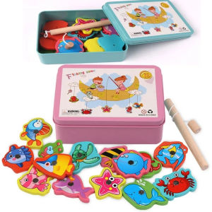 Montessori Educational Wooden Toys Magnetic Fishing Toy for Baby Cartoon Marine Life Cognition Fish Parent-Child Interactive Toy