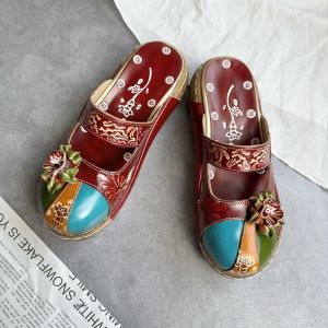 GUANGMANZHI | Handmade Ethnic Style Flower Pattern Thick Soled Leather Sandals