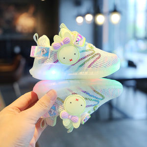 Sepatu Sneakers Anak LED Perempuan/Cewek Bahan Suede Motif Hello Rabbit 028 Terbaru Import - Murah