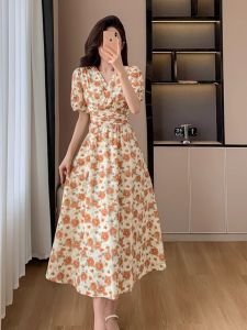 2024 Summer French Tea Break V-Neck A-Line Skirt Dress Womens Slimming Chiffon Floral Print Dress Commute Korean Style High Waist Bubble Sleeve