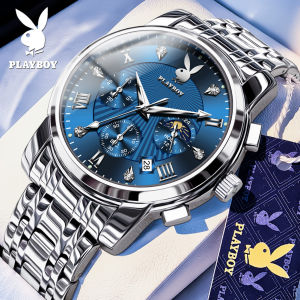 PLAYBOY นาฬิกา ผู้ชาย กัน น้ำ 2025 ใหม่ ของแท้ แฟชั่น ธุรกิจ ลำลอง สายสแตนเลส โครโนกราฟ ปฏิทิน ส่องสว่าง นาฬิกาควอตซ์ ประกัน 1 ปี