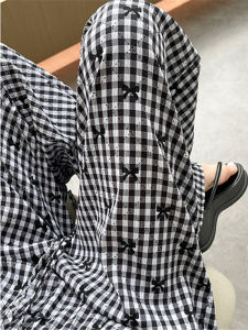 QIAONIAOGE | Black White Floral Embroidery Straight Leg Pants Womens Summer New Style Casual Thin Plaid Wide Leg Pants High Waist Long Pants