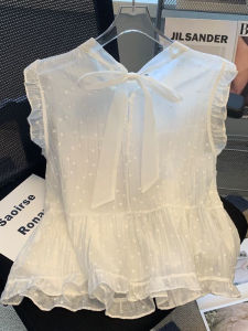 เสื้อเชิ้ตแขนกุดพิมพ์ลายจุดสไตล์เกาหลี ทรงหลวม แฟชั่นฤดูร้อน 2025 เสื้อเชิ้ตผู้หญิง ทรงปกติ คอตั้ง ผ้าโพลีเอสเตอร์