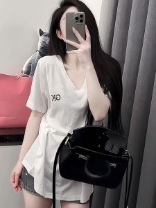 Laid-back Style Womens T-shirt White Letter V-neck Short Sleeve Casual Loose Mid-length Summer New Fashion Versatile Top