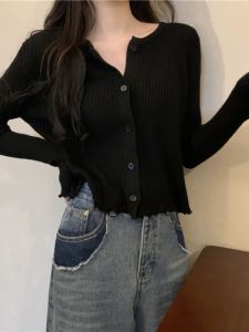 เสื้อสเวตเตอร์ถักแขนยาวทรงสลิมฟิตสำหรับผู้หญิง ฤดูใบไม้ร่วง/ฤดูหนาว ดีไซน์ขอบไม้ แขนสั้น เสื้อคลุมกันหนาว แฟชั่นสตรี