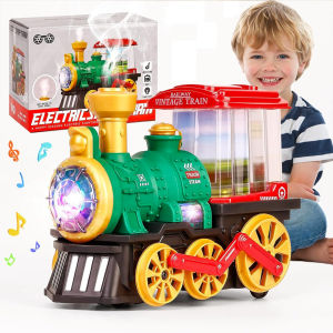 Electric Steam Train Toy Crash Truck with Steam Locomotive Smoke Lights and Sounds 360 Degree Rotating Christmas Train Truck
