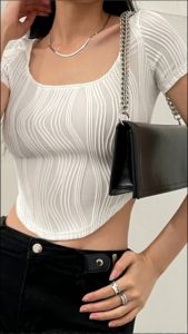 Womens casual plain square neck T-shirt European and American new fashion trend temperament U-neck irregular short-sleeved top pure white water ripple slim fit belly-waist womens clothing