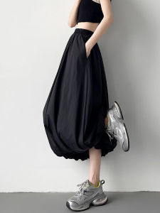 กระโปรงทรงเอเอวสูงสีดำสไตล์อเมริกันสำหรับผู้หญิงในช่วงฤดูร้อน กระโปรงทรงเอทรงหลวมๆ กระโปรงทรงเอยาวปานกลาง