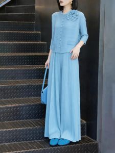 UYFY | Stylish Slimming Blue Round Neck Long Sleeve Shirt and Wide Leg Trousers Set for Women Summer
