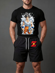 Bandai | 2026 Summer Mens Dragon Ball Goku White Hair Smoke Printed T - Shirt Shorts Set Premium Soft Fabric Loose Breathable for Casual