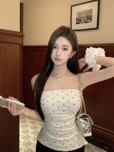 GUZILIAN | Elegant Polka Dot Wrap Chest Vest Womens Sweet Summer Design Slimming Waist Short Sleeve Underwear Top Outerwear Shirt