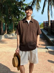 ZHUOCAN | Vintage Style Coffee Colored Linen Short Sleeve Polo Shirt