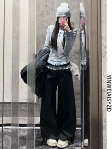 High Waist Straight Leg Casual Pants Womens Spring New Style Double Waist Head Splicing Lace Lengthened Slimming Long Trousers