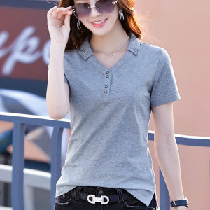 Slim Fit V-Neck Short Sleeve T-Shirt Womens Fashion Summer New Style European Goods Quality Cotton Blend Korean Style Top