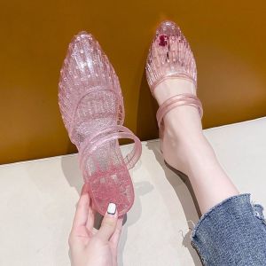 Summer Fashion Crystal Transparent Rhinestone Two-Way Slip-Resistant Mom Gradient Color Toe-Cover Single Shoes