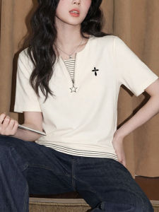Pseudo Two-Piece V-Neck Short Sleeve Women T-Shirt