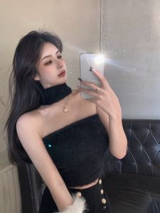 Áo Khoác Da Ấm Áp Cho Nữ Mùa Thu Đông Áo Ba Lỗ Cổ Treo Thiết Kế Gợi Cảm Pure Desire Phong Cách Áo Lót Bên Trong