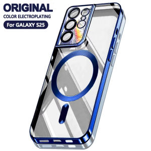 Magnetic Plating Cover Clear Case For Samsung Galaxy S23 Fe S24 Plus S25 Ultra Apple Magsafe Silicone Cases Lens Protect Glass