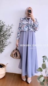 Rinara Dress Set - One Set Wanita Crinkle Airflow Premium Setelan Wanita outer Lengan Panjang Motif Bunga Baju Muslim Kekinian LD 110 cm