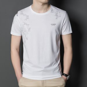 ROMON | Lormen Mens Short Sleeve T-Shirt Summer Thin Fashion Loose Casual Ice Silk Printed Round Neck Base Shirt Polyester Cotton Silk