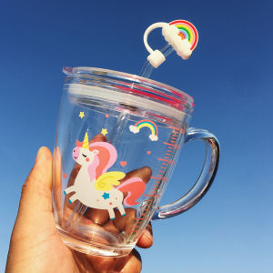 Tempered Glass Water Cup with Scale Childrens High Temperature Resistant Milk Cup Anti-Fall with Cover Microwave Oven Straw Stop Breastmilk Feeding Cup