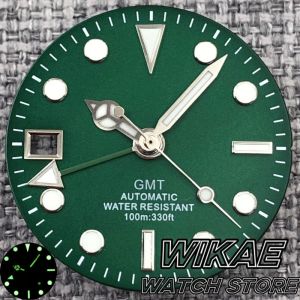 29mm Left Hand Green GMT Watch Dial Black Blue Red Orange Watch Face 9Oclock Date Green Luminous Fit NH34 Movement Watch Parts