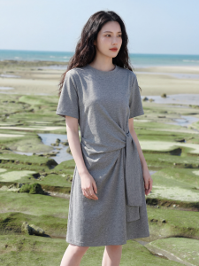 Basic House | Gray Twisted Waist Short Sleeve Dress