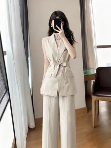 DANTING | Waist-Tie Slim Fit Womens Blazer Vest and Wide Leg Pants Set