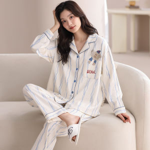 MiiOW | ชุดนอนผ้าฝ้ายคู่รัก แขนยาว กางเกงขายาว ใส่สบาย ฤดูใบไม้ผลิและฤดูใบไม้ร่วง ชุดอยู่บ้าน ชุดนอนผู้ชายและผู้หญิง ชุดนอนคู่รัก MiiOW