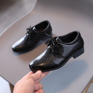 GRAZIA Childrens Black White Pointed Front Lace Up Leather Shoes Boys Low Heel Wedding Performance Stage Formal Shoes