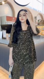Setelan Elegan Maria CAP Poliester Motif Garis-Modis