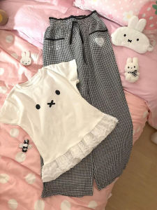 XIANGBAIWEI | Cute Miffy Bunny Printed Lace Trim Design Ballet Style Slim Fit T-shirt