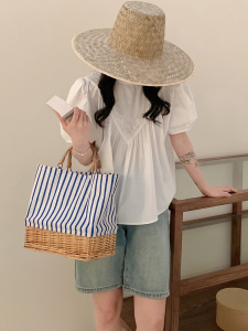 INS K-style Casual Satchel Vegetable Basket Rattan Weave Bag Stripes Canvas Straw Bag Large Capacity Hand-Woven Bag